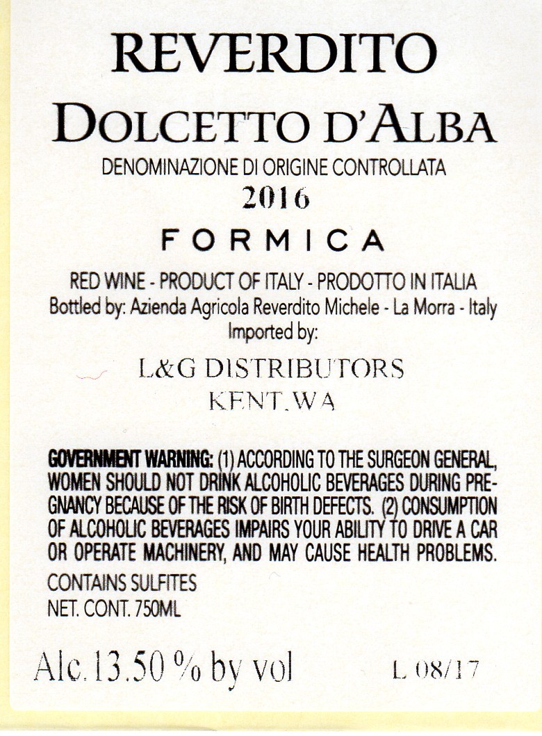 Dolcetto D'alba Formica Red Wine