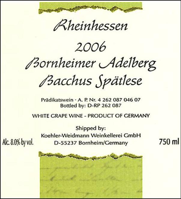 Bornheimer Adelberg Bacchus Spätlese