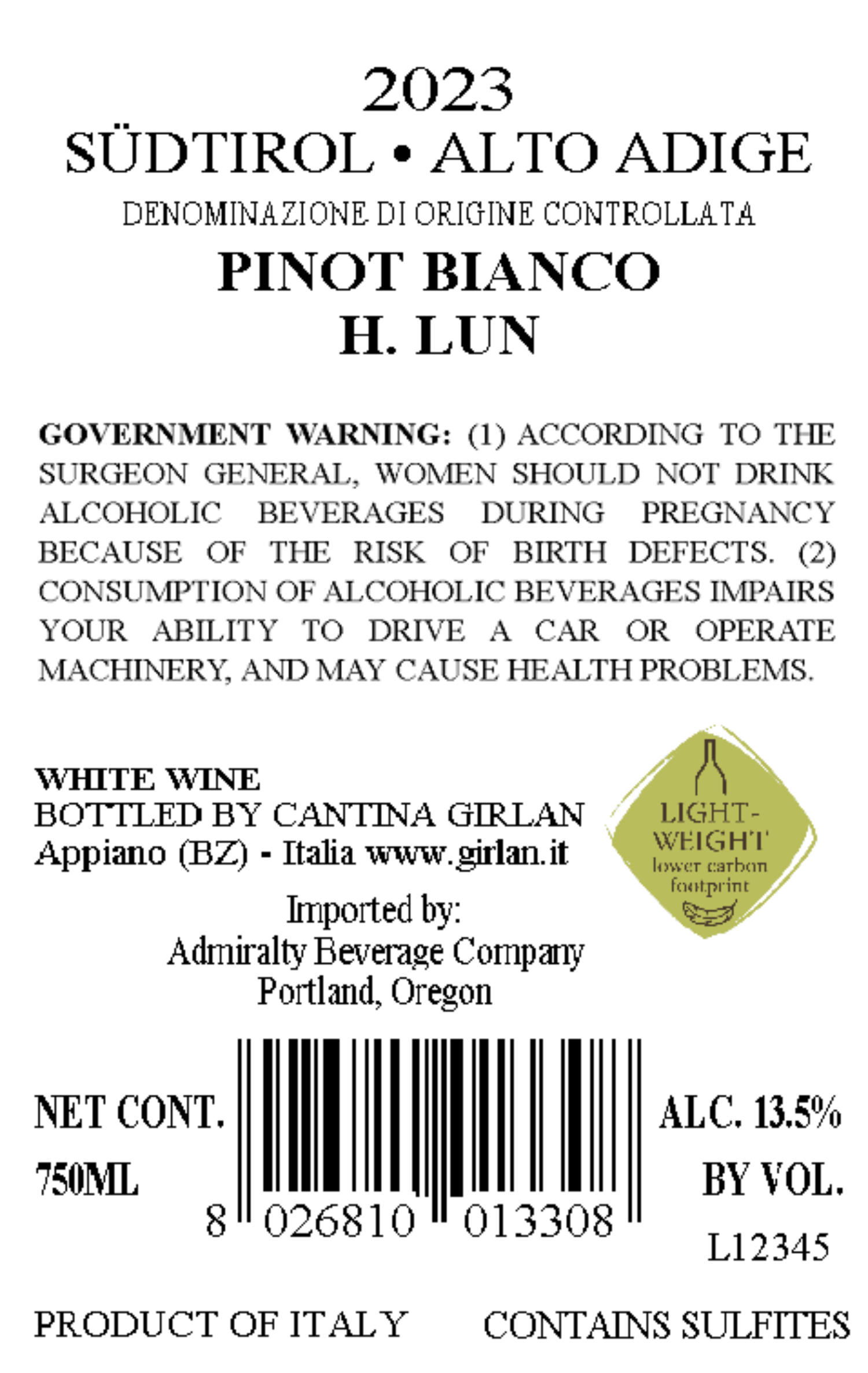 Südtirol Pinot Bianco H. Lun