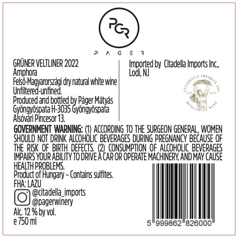 Grüner Veltliner  Amphora Pagr Felső - Magyarországi