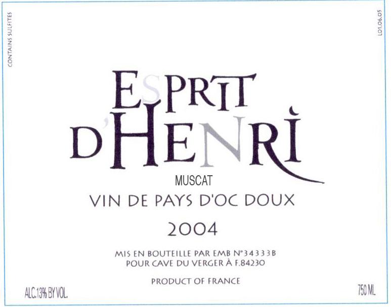 Esprit Dhenri Muscat Vin De Pays D'oc Doux